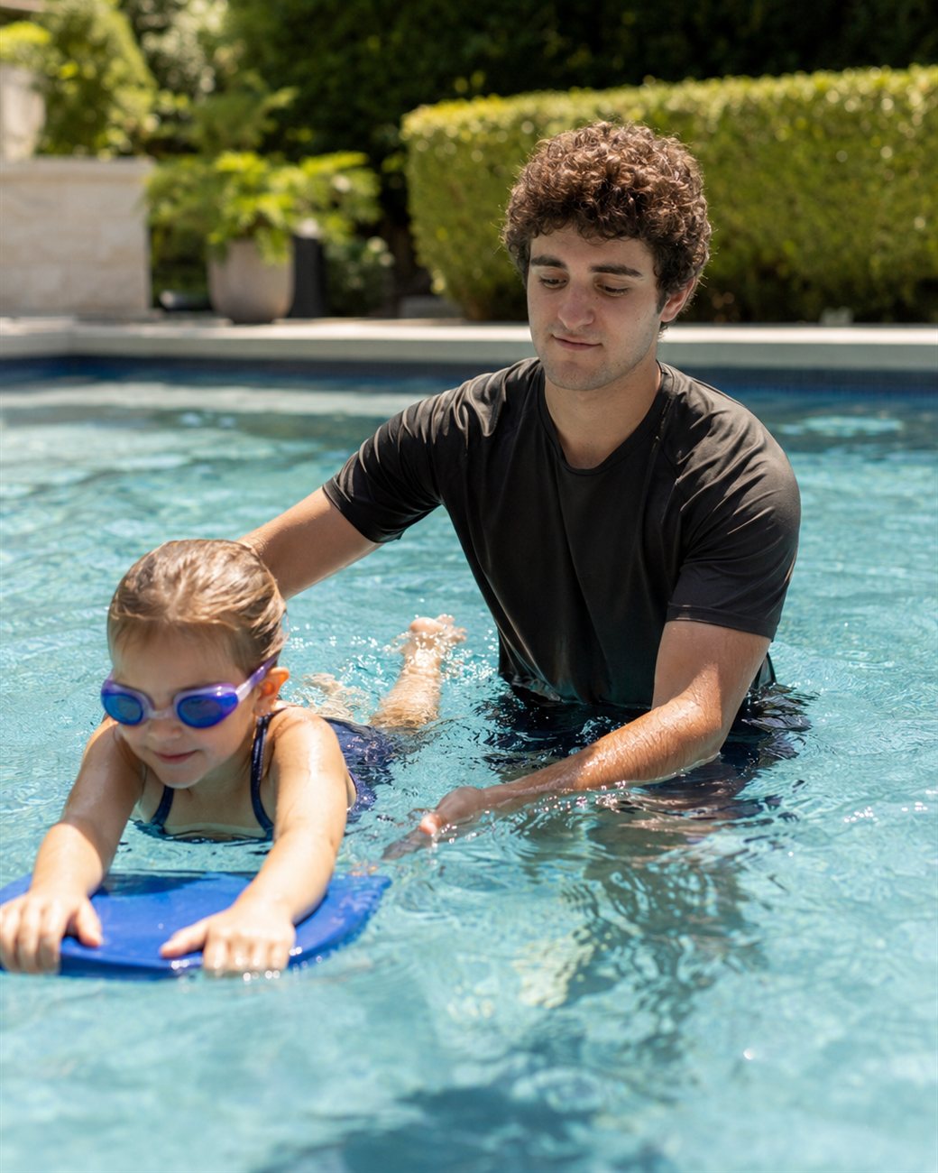 An instructor guiding a young girl learning to kick with a kickboard during a private backyard-pool lesson