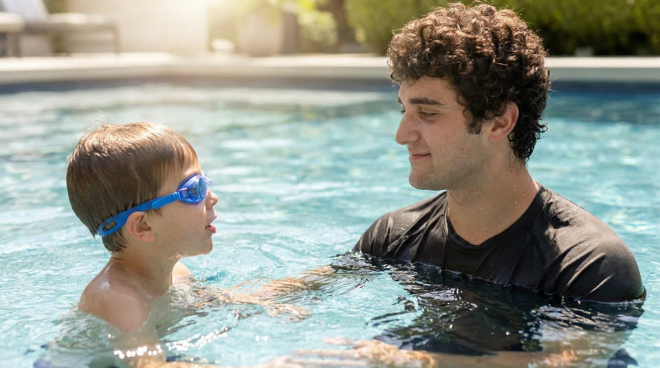 An instructor face-to-face with a young swimmer during a one-on-one lesson in bright pool water